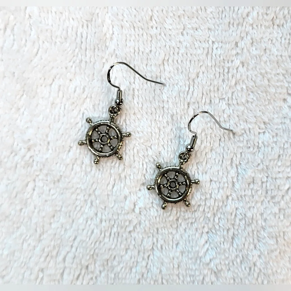 Nautical Silver Ship Wheel Statement Dangle Earrings / Pierced - Picture 3 of 5